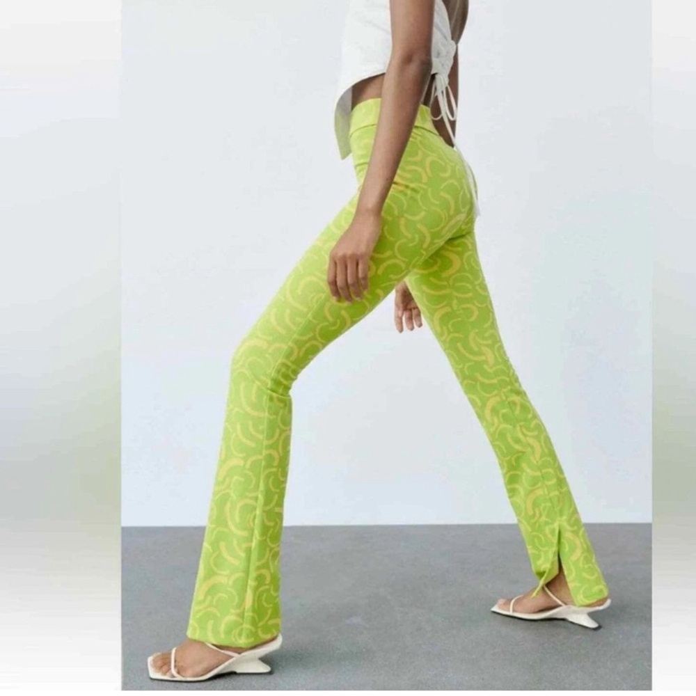 Zara pattern pants printed disco y2k FLARE JACQUARD TROUSERS LIGHT LIME